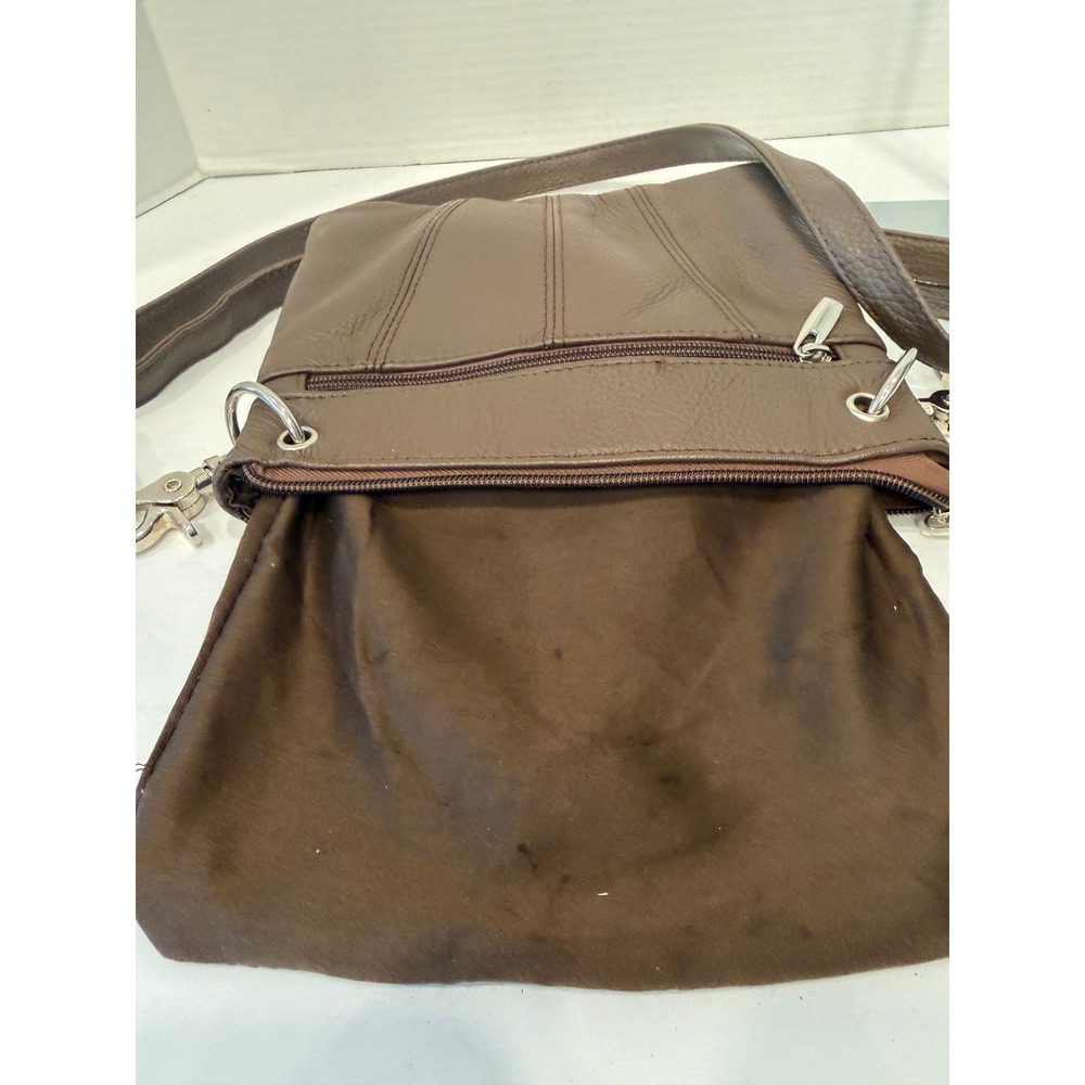 Brown Leather Small Multi-Pocket Pebbled Crossbody Organizer Bag Purse - Picture 6 of 11